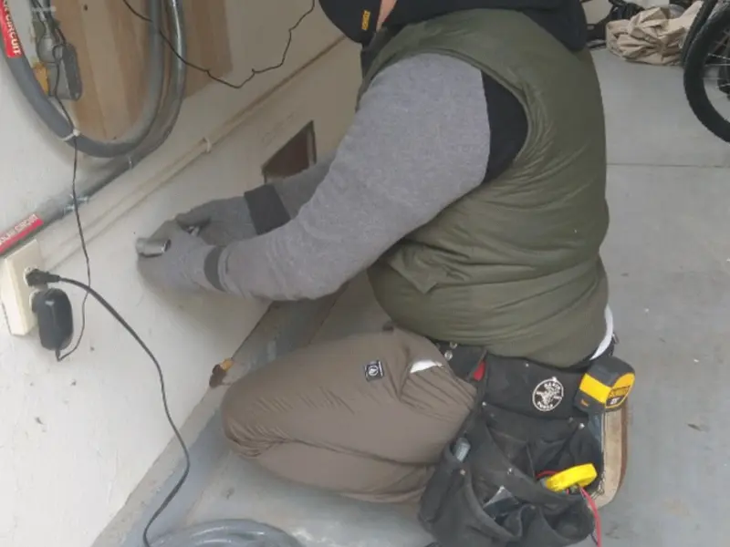Electrician performing outlet wiring in a Collier garage
